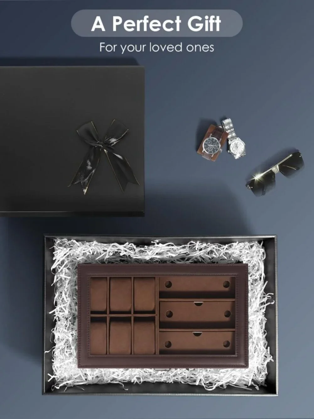 6-Slot Watch Jewelry Box Organizer with Glass Lid, Men's Storage Case & Lock